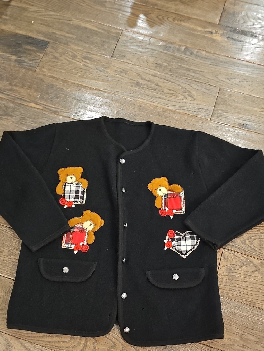 VINTAGE Black Teddy Bear Appliqué Cardigan Jacket with Plaid Accents